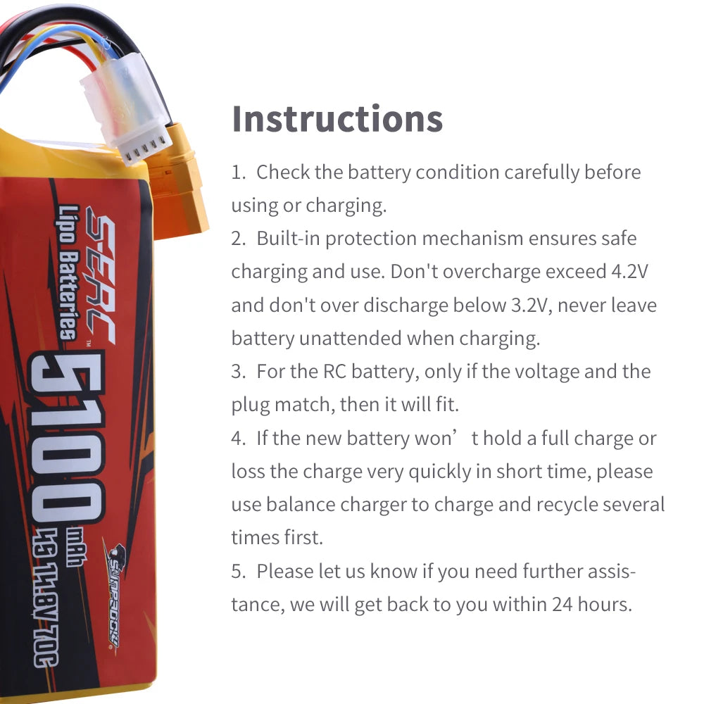 Sunpadow RC 3S 4S 6S Lipo Battery 5100mAh, built-in protection mechanism ensures safe 1 charging and use . don't overcharge