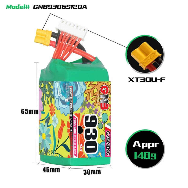 High-capacity GNB lithium-ion battery for FPV drones with 930mAh power and 120C discharge rating.
