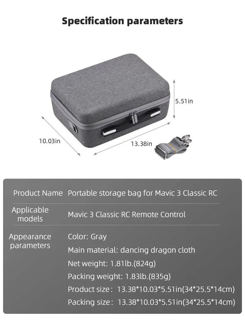 Shoulder Bag for DJI Mavic 3, Specification parameters 5.51in 10.03in 13.38in Product name Portable storage bag for Ma