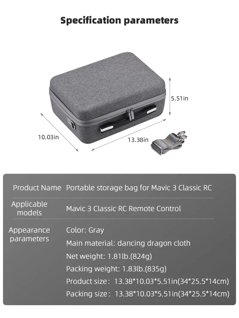 Shoulder Bag for DJI Mavic 3 - Classic Carrying Bag Portable Storage Bag Outdoor Handbag Drone Accessories 10 Shoulder Bag for DJI Mavic 3, Specification parameters 5.51in 10.03in 13.38in Product name Portable storage bag for Ma