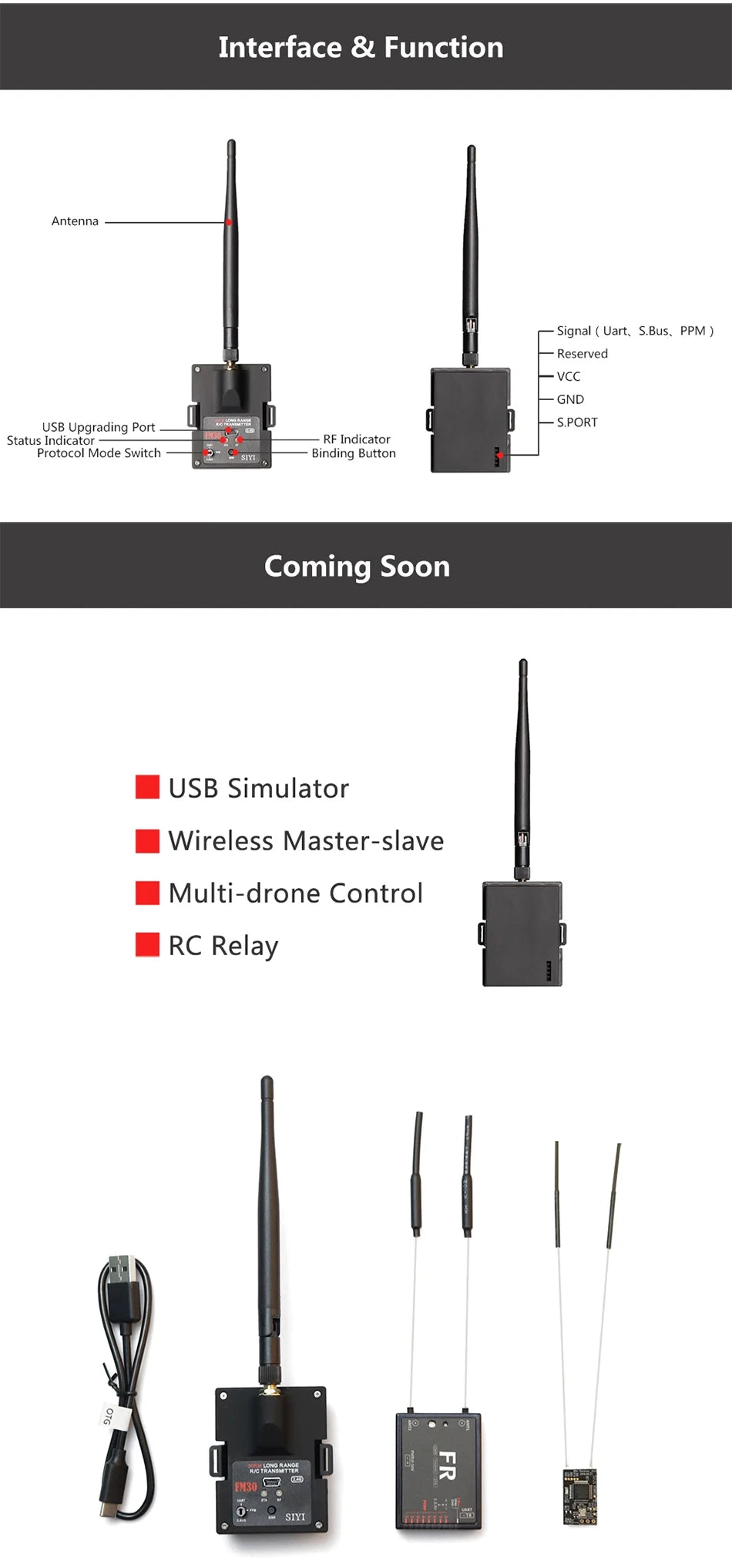 SIYI FM30 2.4G 30KM Radio Module, USB Simulator Wireless Master-slave Multi-drone Control RC Mct I
