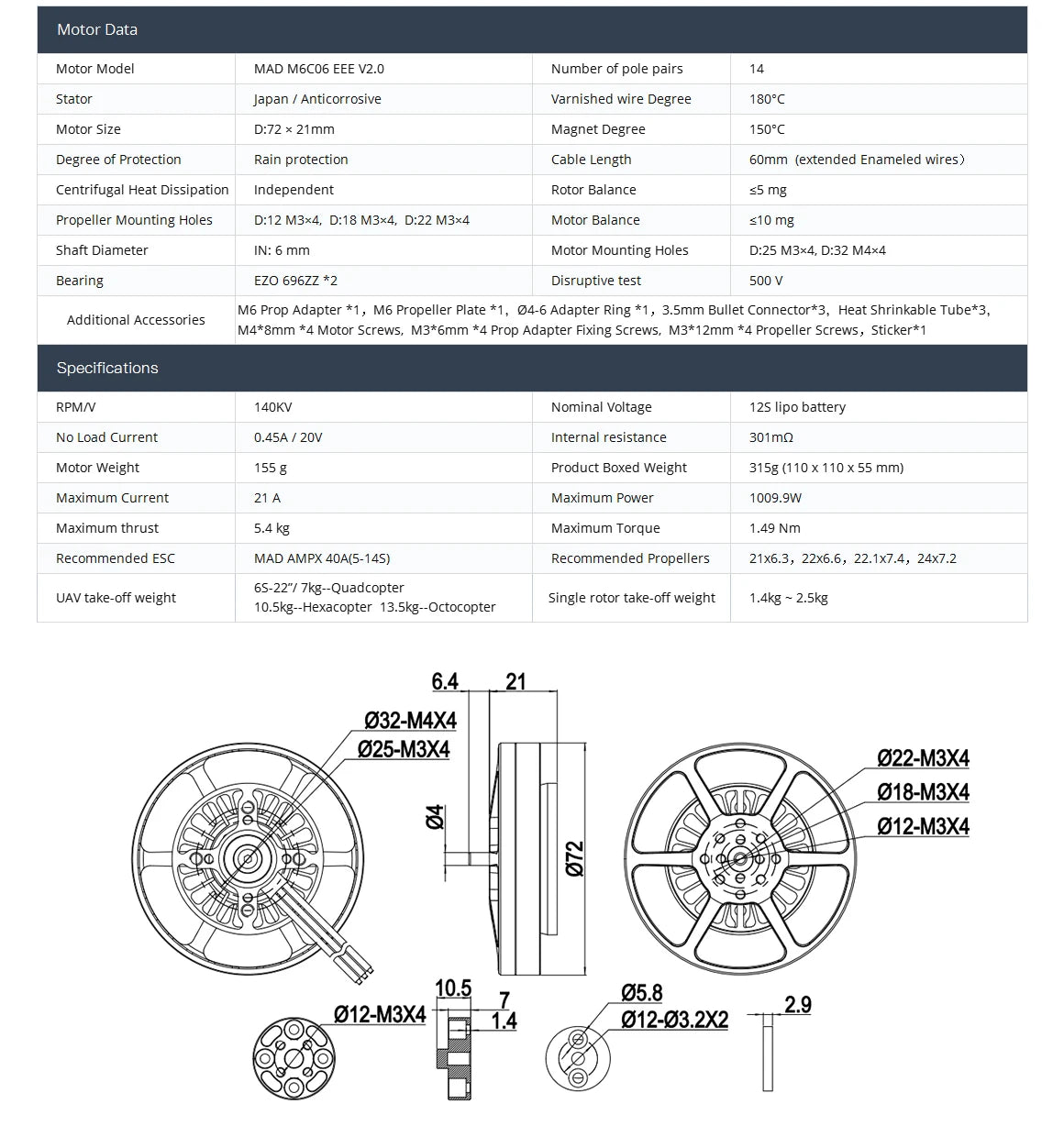 MAD M6C06 EEE Drone Motor, High-performance drone motor for RC aircraft, available in 3 brushless DC motor options with KV ratings.