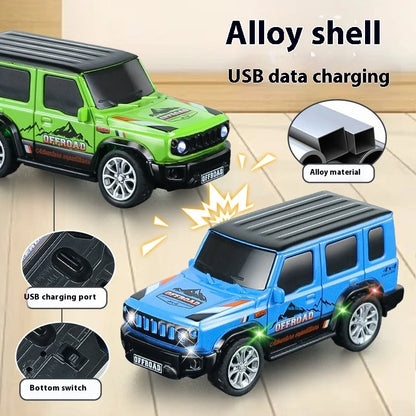 1:64 Mini Alloy Rc Car, Mini alloy remote control car with trailer, featuring 2.4GHz remote, Bluetooth app connectivity, USB charging, and LED lights.