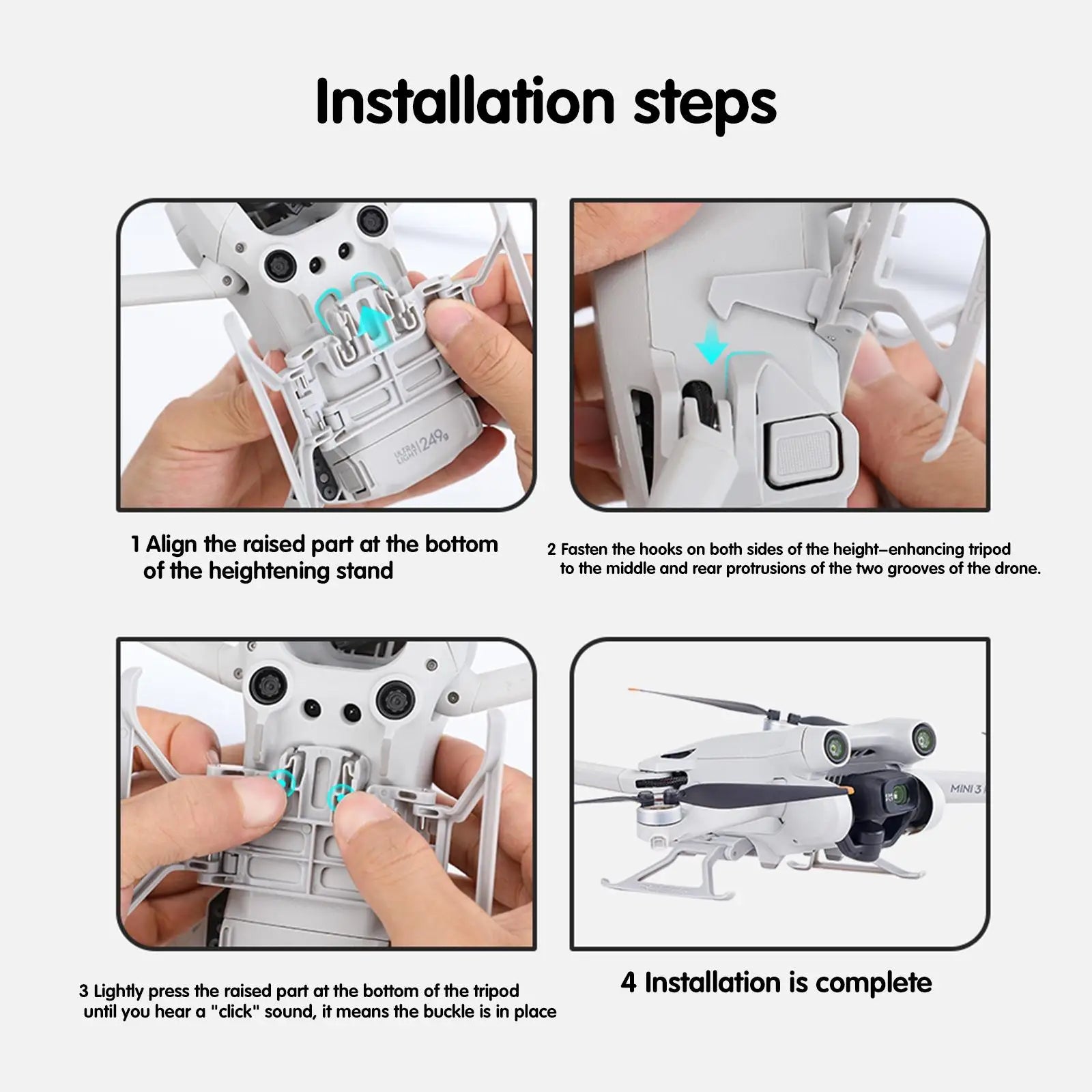 a "click" sound means the buckle is in place . the heightening stand