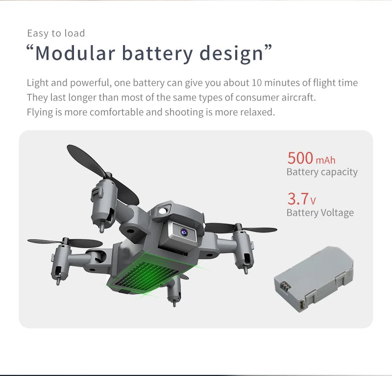 QJ KY905 Mini Drone, one battery can give you about 10 minutes of flight time they last longer