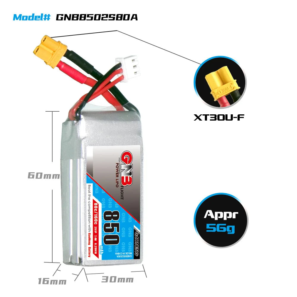 GaoNeng GNB 2S 3S 4S 6S 850mAh 80C LiPo Battery, GaoNeng 850mAh lithium battery, suitable for helicopters and remote control toys, CE certified.