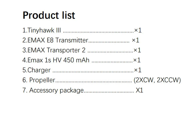 Emax Tinyhawk III 3 RTF Kit FPV, EMAX E8 Transmitter_ xl 3.EMAX Transporter 2 4.