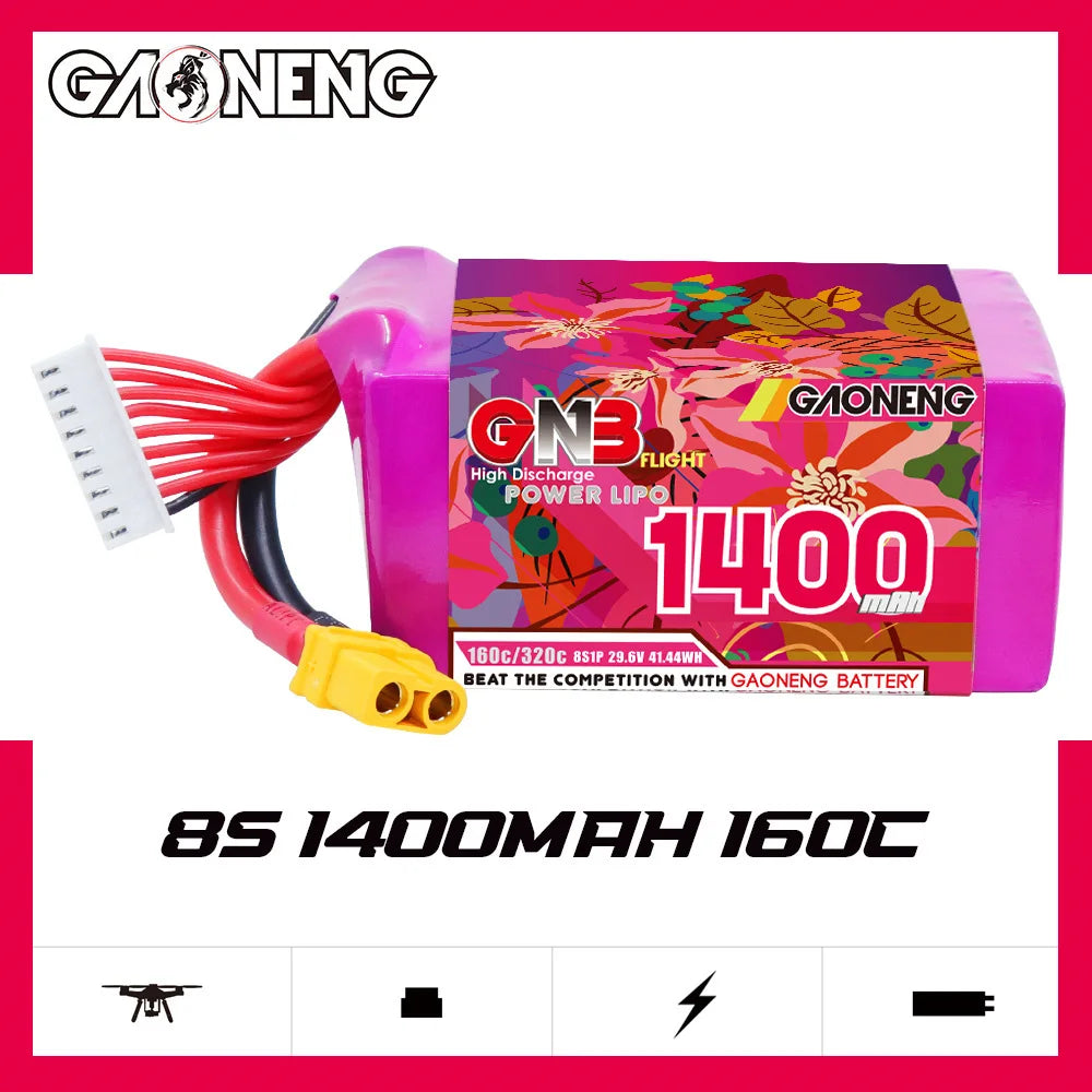 f7103be54ff7e66b9268532af79ad17e_O1CN01Mb8UXJ2Gi2ZAIe3wo_!!3598899048-0-cib.jpg High-performance GAONENG LiPo battery for drones with 1400mAh capacity and 160C/320C C-rate.