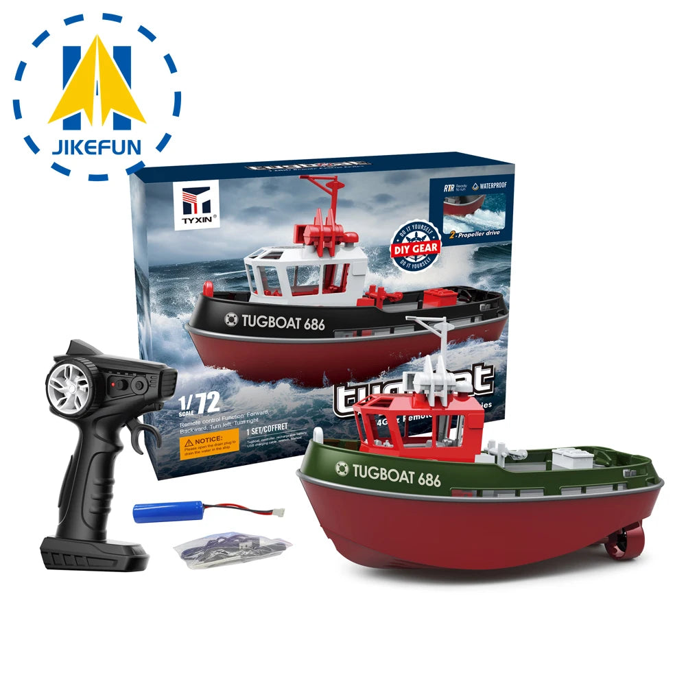 JIKEFUN 686 Remote Control Tugboat, JIKEFUN TUGBOAT 686 RC boat, 1:72 scale, dual motor, 50m range, 3.7V battery, 15min runtime, RTR, waterproof, with remote and DIY features.