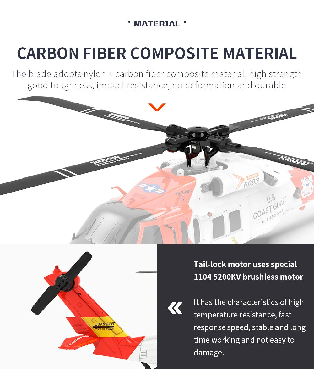 YXZNRC F09-S Flybarless RC Helicopter, the blade adopts nylon carbon fiber composite material, high strength toughness, impact resistance, no