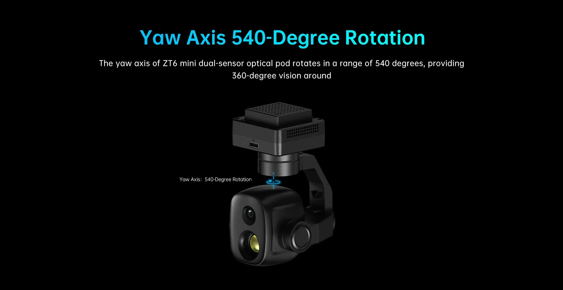 SIYI ZT6 Mini Dual Sensor Optical Pod, Panoramic views with 360-degree rotation on ZT6's yaw axis.