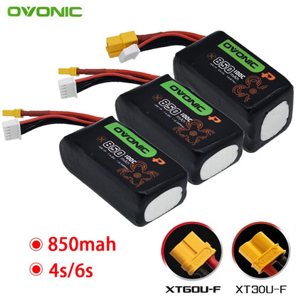 Ovonic 4s/6s 14.8V/22.2V 850mAh 100C LiPo Battery, 4S/6S LiPo battery for quadcopters with 850mAh capacity and 14.8V or 22.2V compatibility.