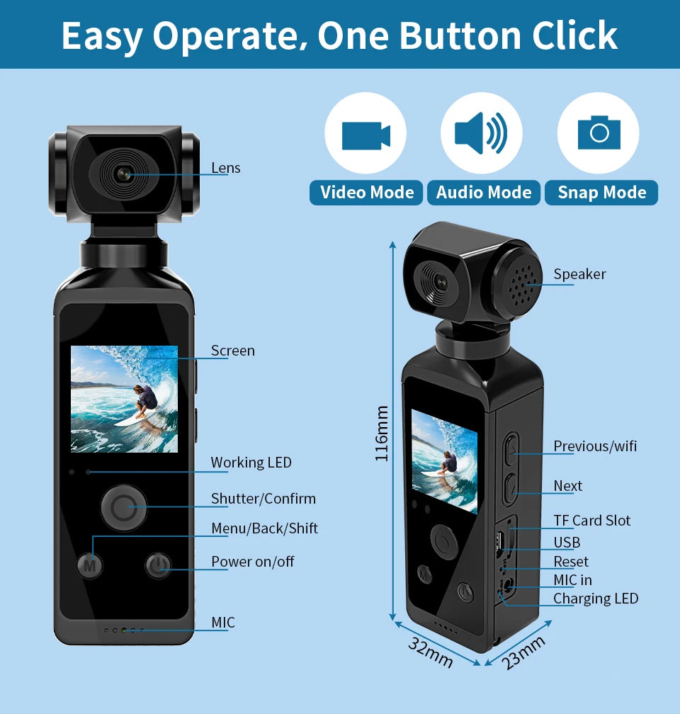 4K Ultra HD Pocket Action Camera, Easy Operation, One Button Click Lens Video Mode Audio Mode Snap Mode Speaker Screen .