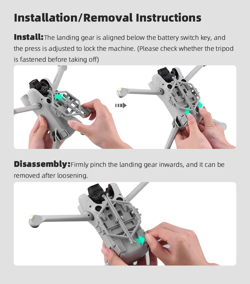 Landing Gear Kits for DJI Mini 3 Pro Drone, landing gear is aligned below the battery switch key, and can be removed after loosen