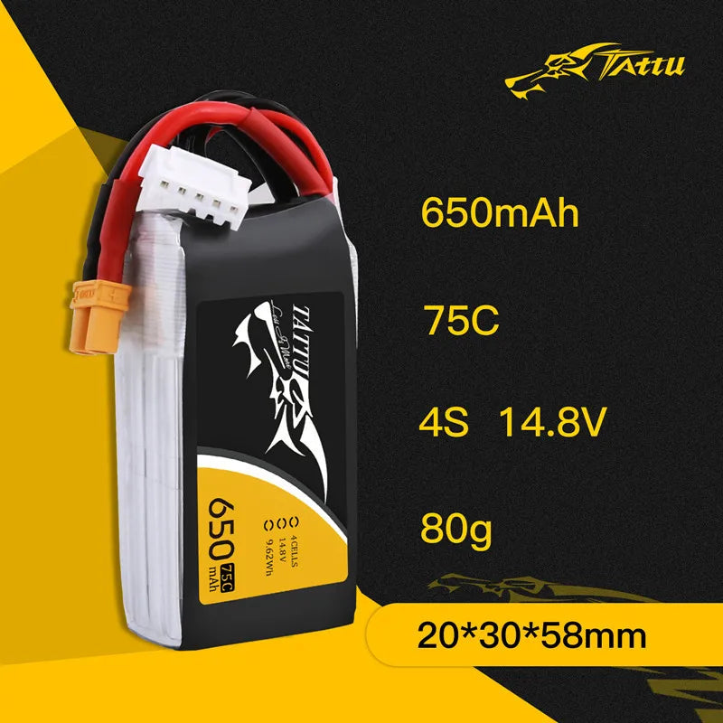 باتری TATTU 3S/4S 11.1/14.8V 650mAh 75C LiPo برای پهپاد مسابقه ای FPV با دوشاخه XT30/XT60