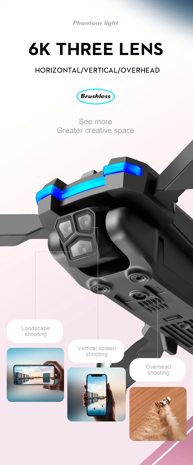 S8S Drone, Phantom light 6K THREE LENS HORIZONTALIVERTICALIOVER