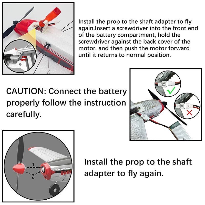 Volantex RC 761-5 RTF Airplane, install the prop to the shaft adapter to fly again. follow the instruction carefully.