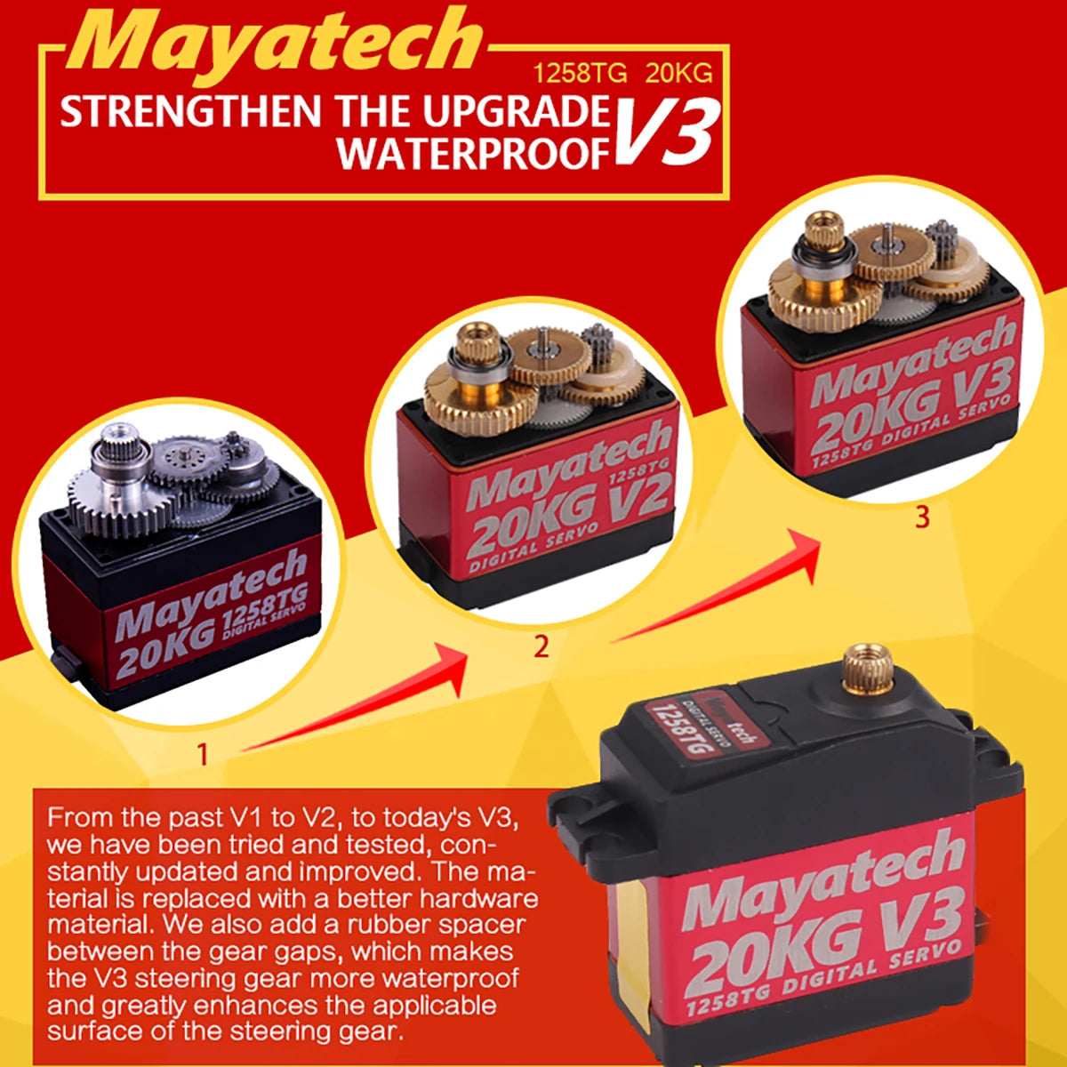 Mayatech 1258TG V3 20KG Servo, Water-resistant servo with metal tooth actuator for reliable and durable steering.