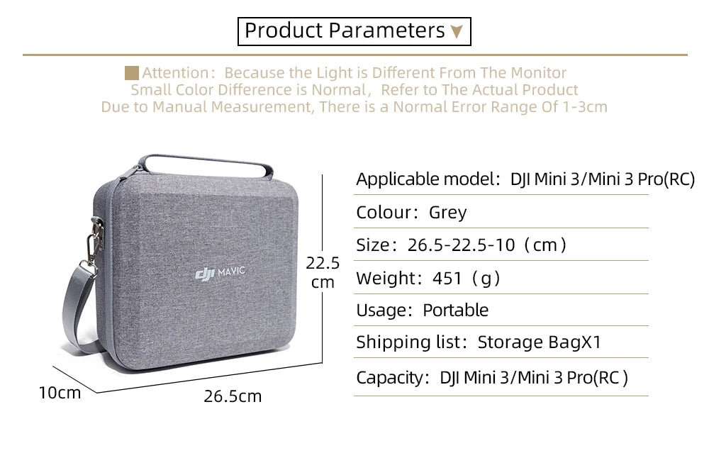 For DJI Mini 3 Pro/Mini 3 Storage Case, DJI Mini 3/Mini 3 Pro(RC) size: 26.5-22.5-10