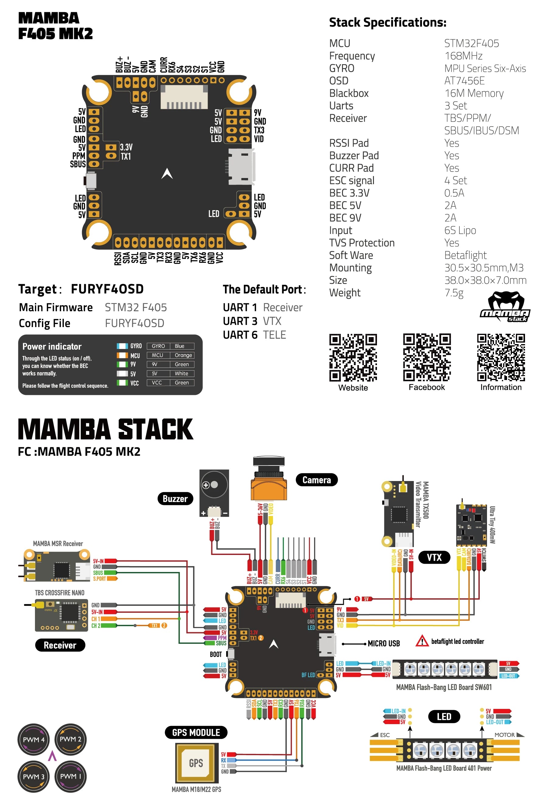 Diatone MAMBA F405MK2 Betaflight Flight Controller, MCU STM3ZF405 Frequency 168MHz 5 0 