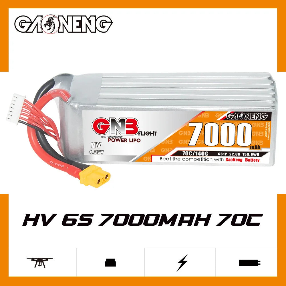 GaoNeng GNB 6S HV 22.8V 7000mAh LiPo Battery, High-performance GNB 6S HV LiPo battery for FPV drones: 7000mAh, 22.8V, 70C/74C.