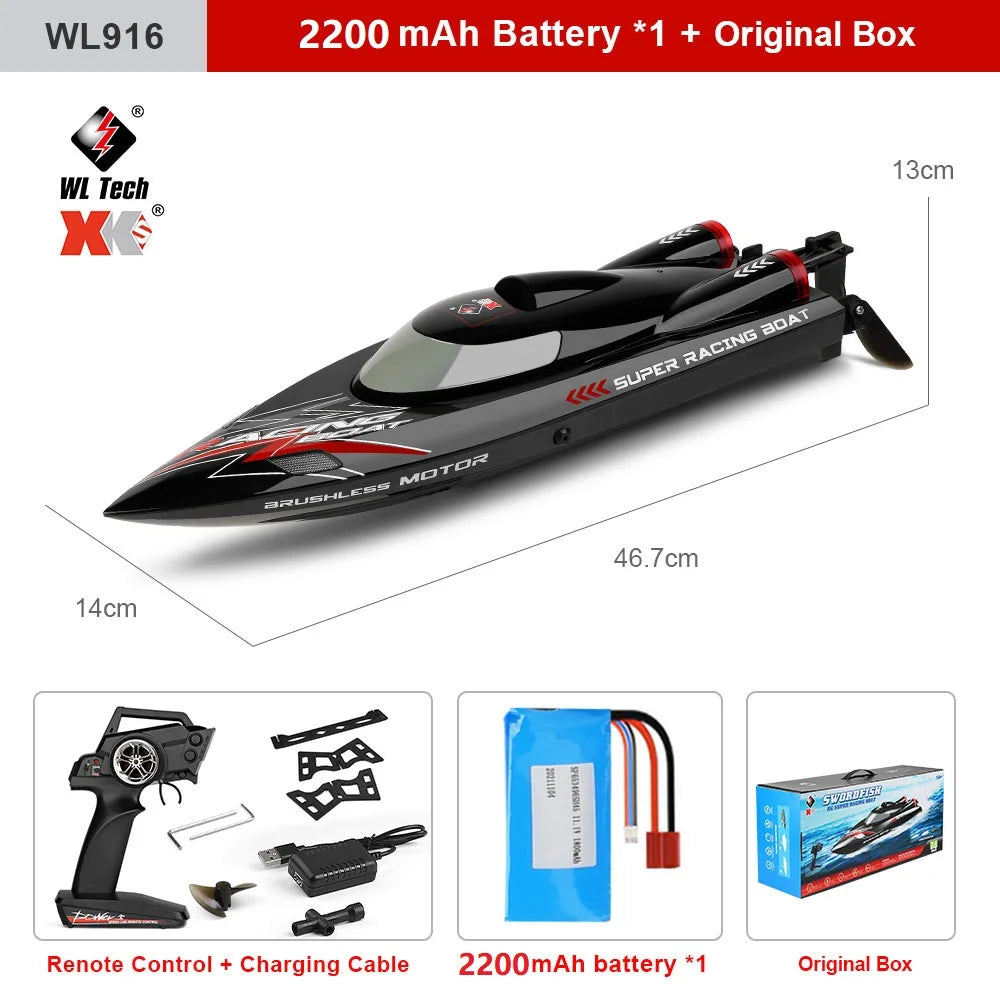 WLtoys WL916 & WL912‑A RC Boat, WL916 RC racing boat with 2200mAh battery, brushless motor, 55KM/H speed, 150m range, remote control, charging cable, original box, 46.7cm long.