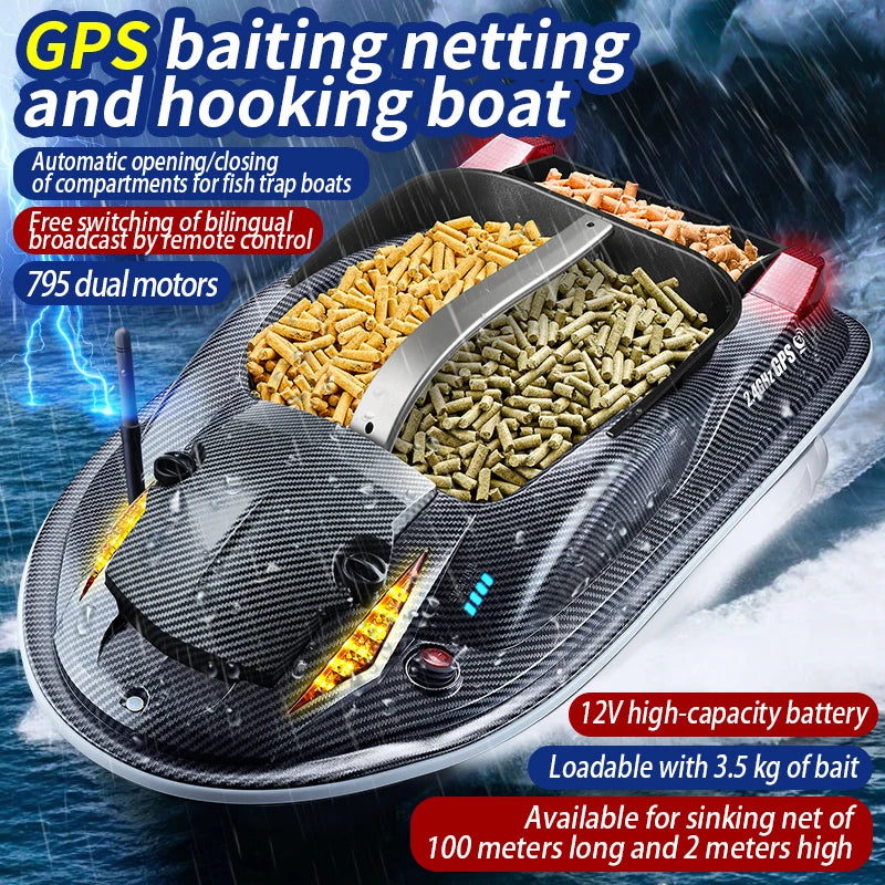 HJ817 RC Fishing Boat, HJ817 RC fishing boats feature GPS auto-return, dual motors, and range of 500m, perfect for remote control enthusiasts and fishermen.