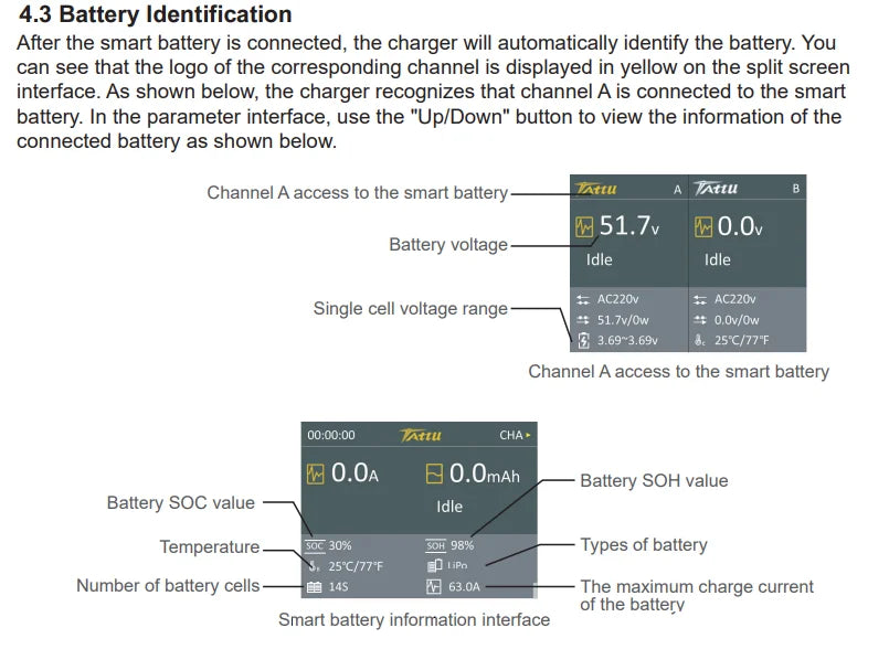 4.3 Battery Identification After the smart battery is connected, the charger will automatically identify the battery 