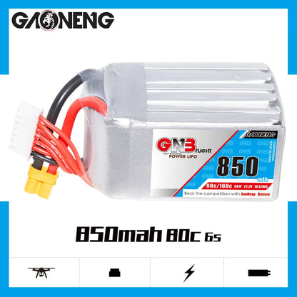 GaoNeng GNB 2S 3S 4S 6S 850mAh 80C LiPo Battery, High-performance LiPo battery for FPV drones with 160C max discharge current and 850mAh capacity.