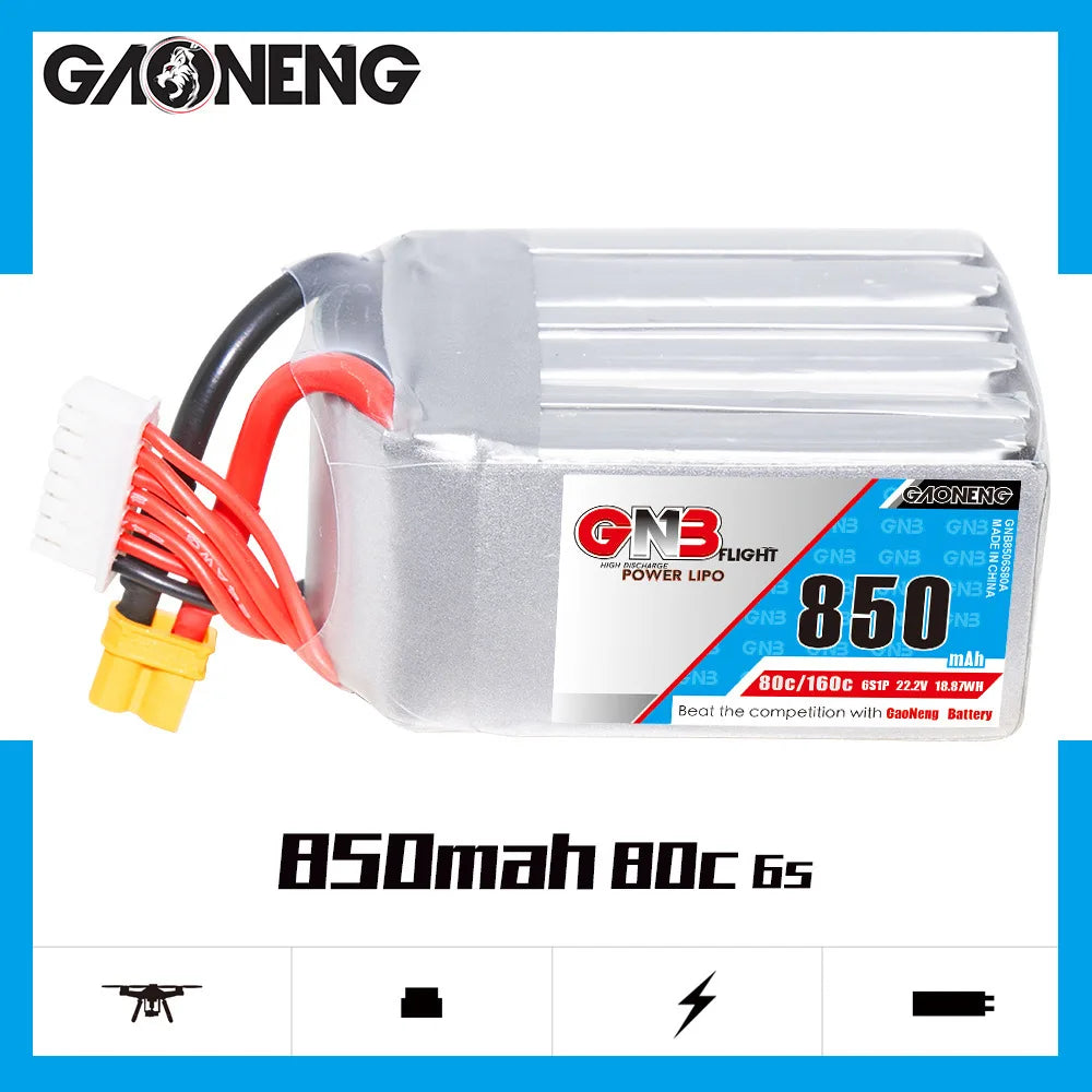 GaoNeng GNB 6S 22.2V 850mAh 80C/160C Lipo Battery, High-performance battery for RC drones, offering reliable power and efficiency.