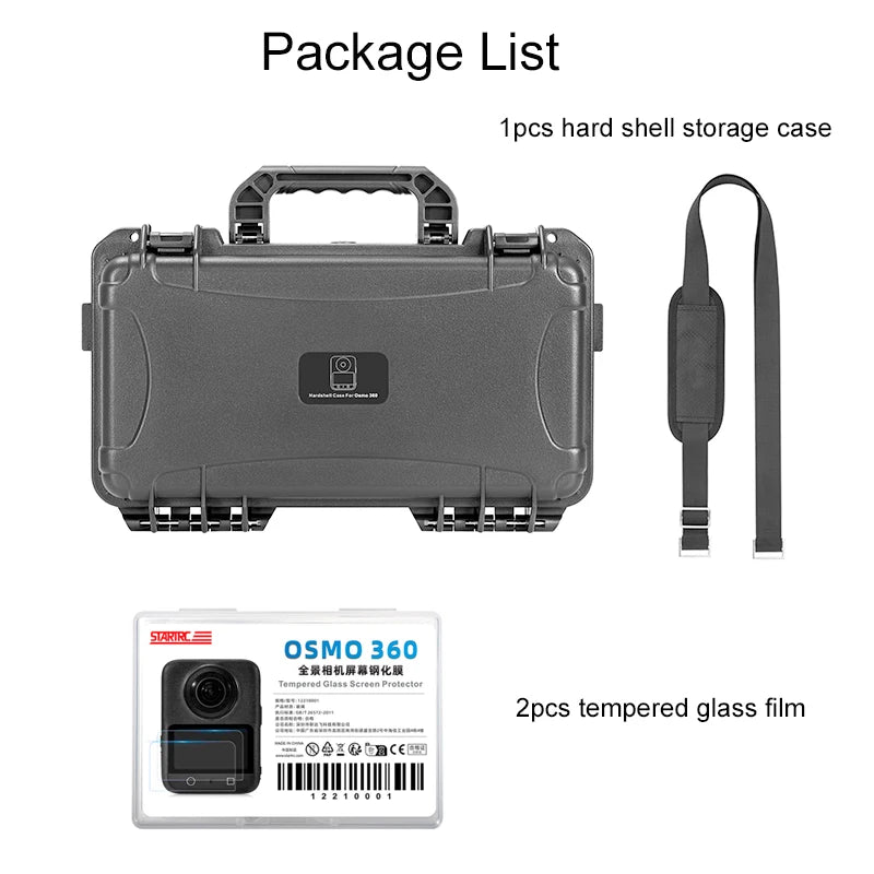 Hard shell case, strap, 2 tempered glass films for Osmo 360 camera protection.