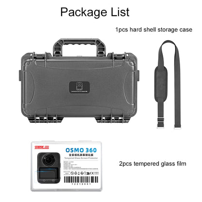 Hard shell case, strap, 2 tempered glass films for Osmo 360 camera protection.