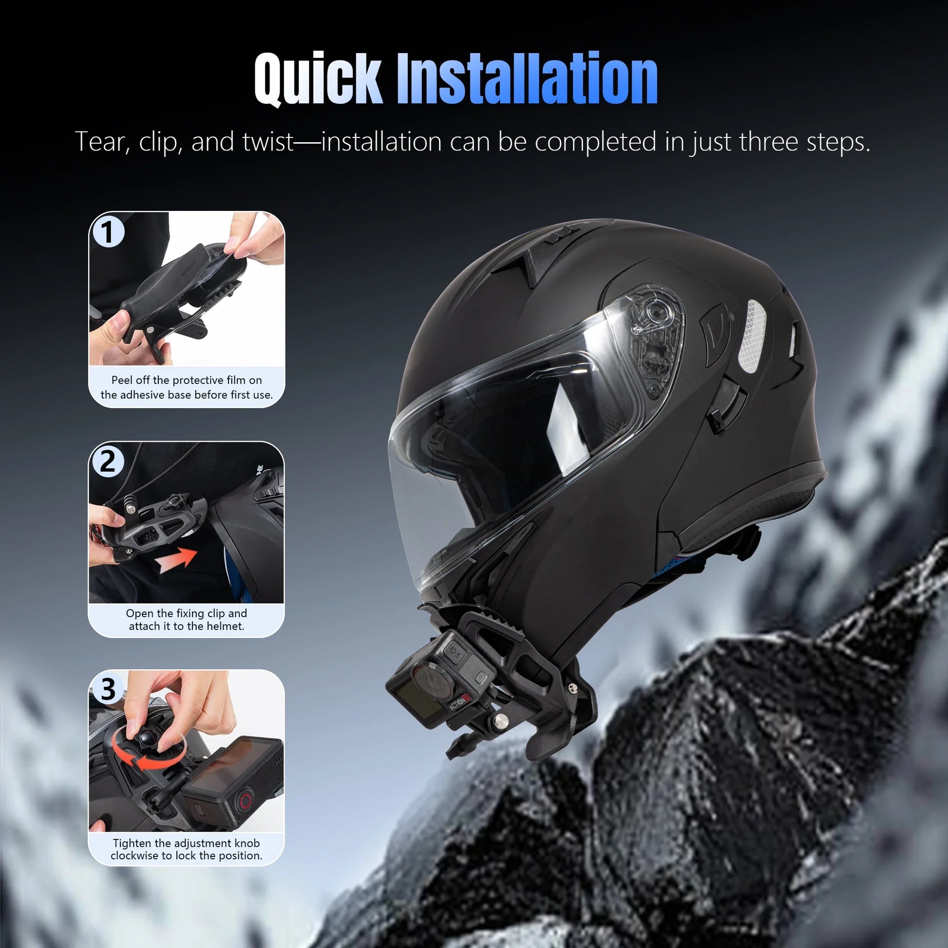 STARTRC Motorcycle Helmet Chin Mount Clip Bracket, Attach clip to helmet, tighten knob. Works with DJI, GoPro, Insta360. Easy setup in seconds.