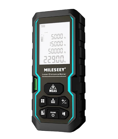 MILESEEY 5000 ft laser distance meter with MEAS, CLEAR, UNIT functions; accurate, long-range measurement tool for professionals.