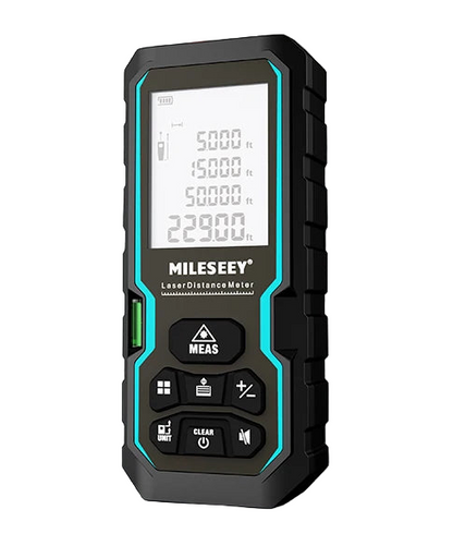 MILESEEY 5000 ft laser distance meter with MEAS, CLEAR, UNIT functions; accurate, long-range measurement tool for professionals.