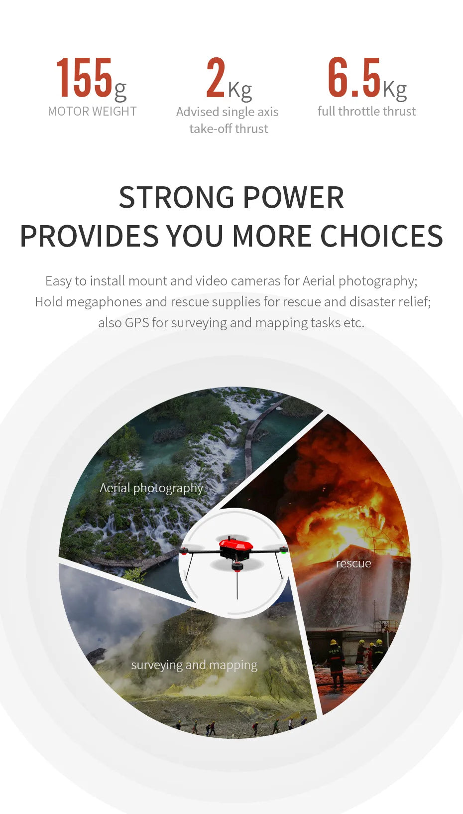 T-MOTOR MN6007II KV160 KV320 Brushless Motor 12S Max Thrust 6.4kg Long Flight Time Efficient Drone match 21-22" Prop 8 T-MOTOR, 155g 2kg 6.5kg MOTOR WEIGHT Advised single axis