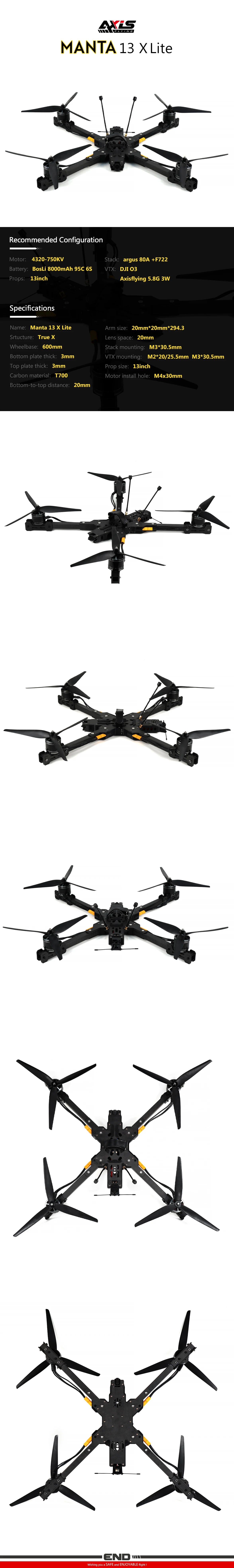 Axisflying Manta 13 X Lite - 13inch FPV, The Axisflying Manta 13 X Lite is a custom-built FPV drone for long-range flights with heavy payloads, featuring robust components.