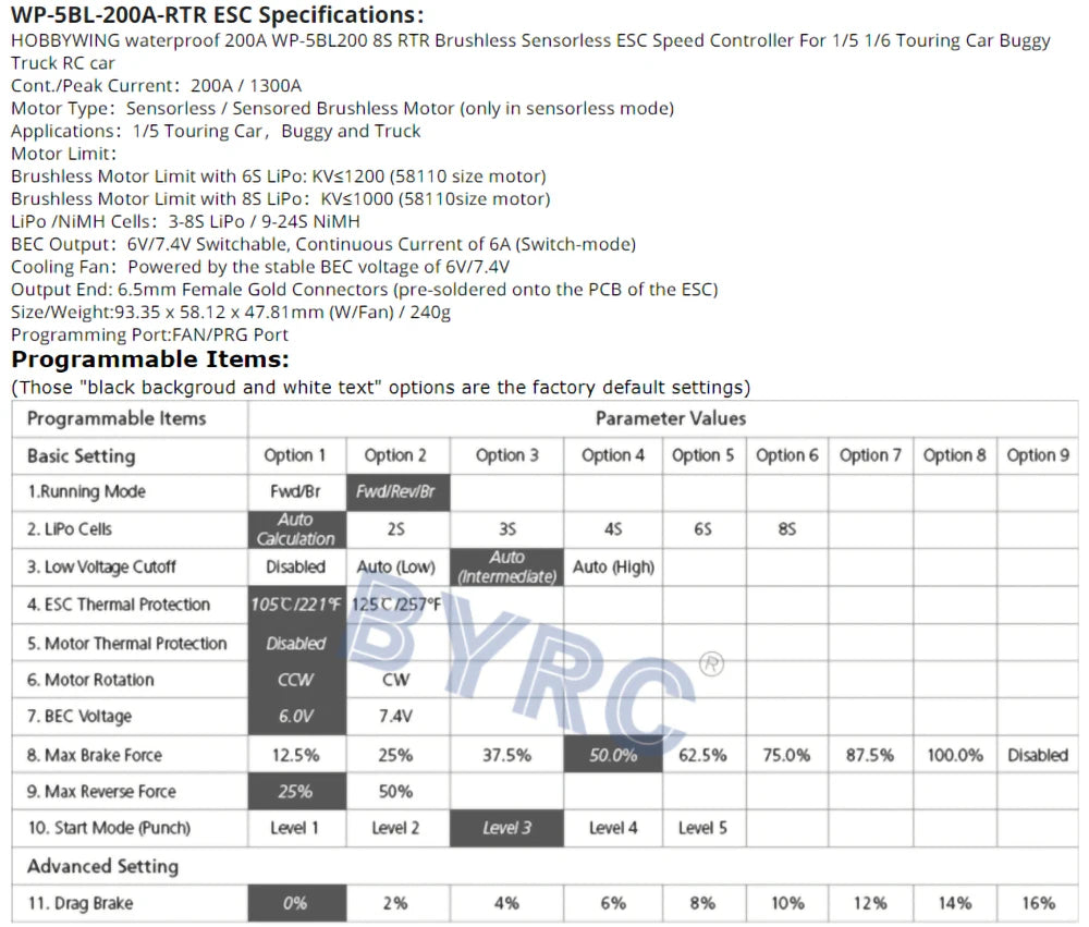 Waterproof speed controller for brushless motors in 1/10 to 1/5 scale RC cars.