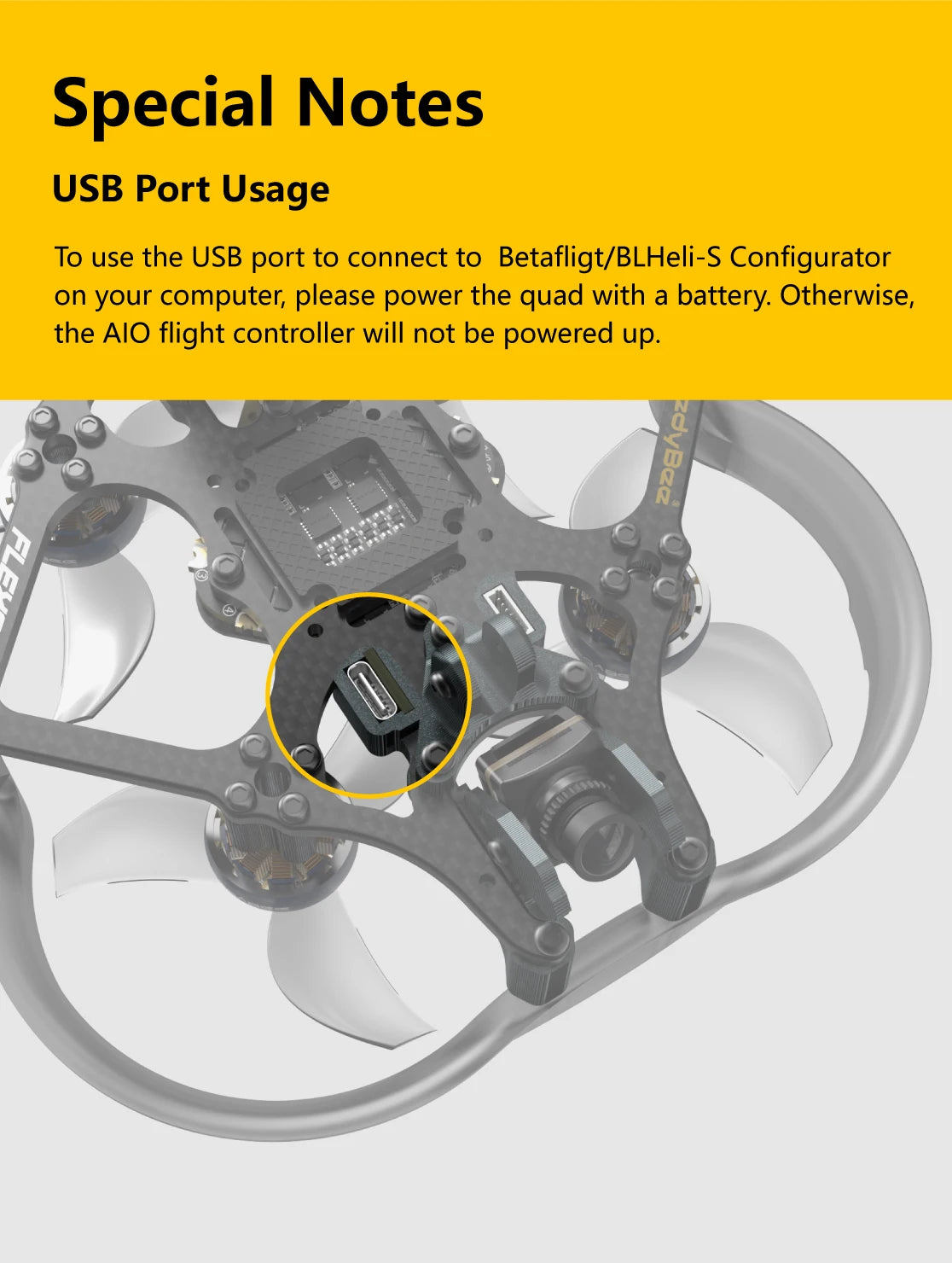 SpeedyBee F745 FreeStyle FPV Drone, Betafligt/BLHeli-S Configurator will not be powered up 