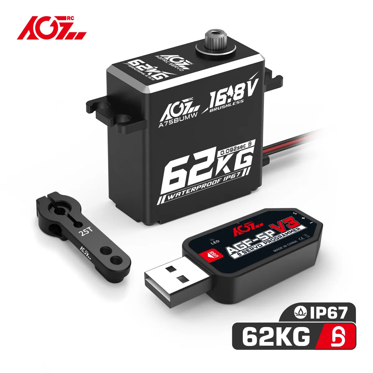 AGFRC A75BUMW -  4S 16.8V 62KG Super Torque HV Programmable Waterproof Brushless RC Servo For 1/8 1/10 RC Car Crawler Buggy Truck