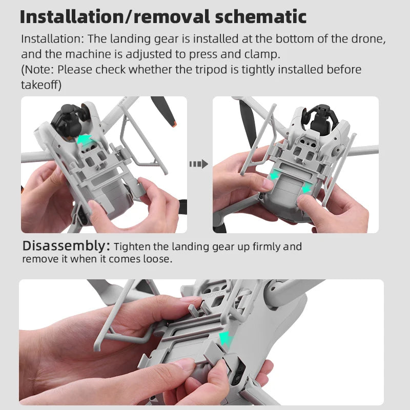 Foldable Landing Gear for DJI Mini 3, landing gear is installed at the bottom of the drone, and the machine is adjusted to press and