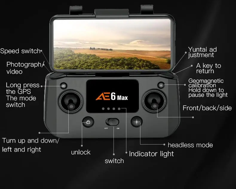 AE6 Max Drone, Saraetic the GPS down to The mode 6 Max pause light switch Front/back/side