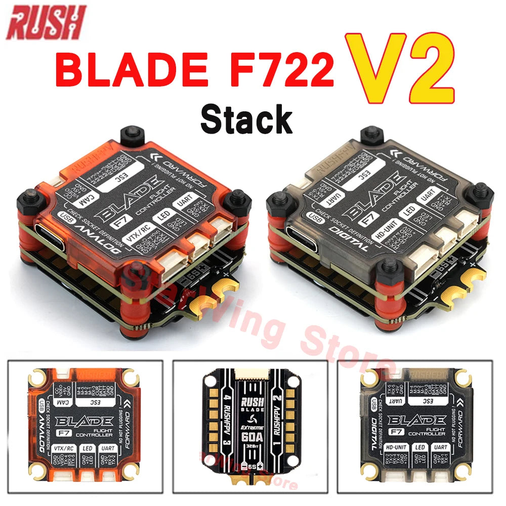 RUSHFPV RUSH BLADE V2 Stack. RUSH Blade V2 Stack: F722 flight controller & Extreme 60A ESC for FPV drones with HD-Unit display.