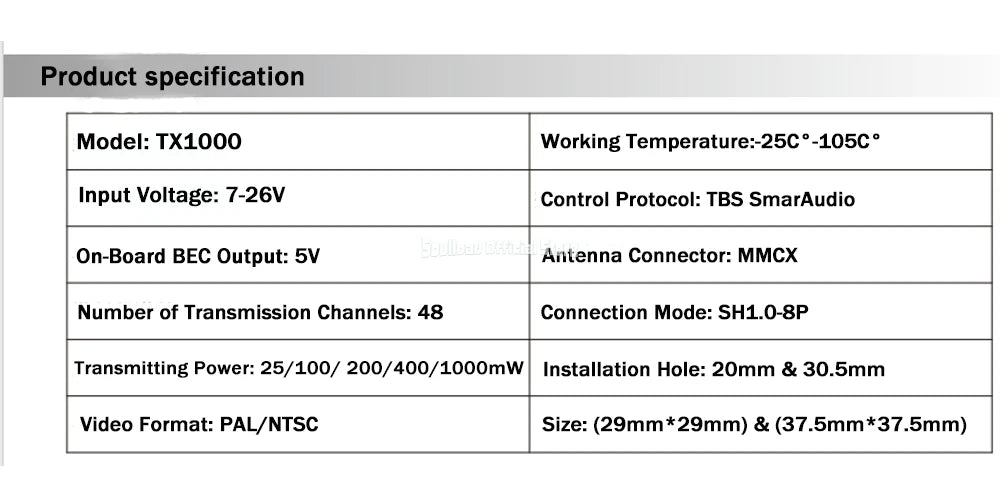 SoloGood 5.8G 1W 48CH VTX, TX1OOO Working Temperature:-25C - -105C Input