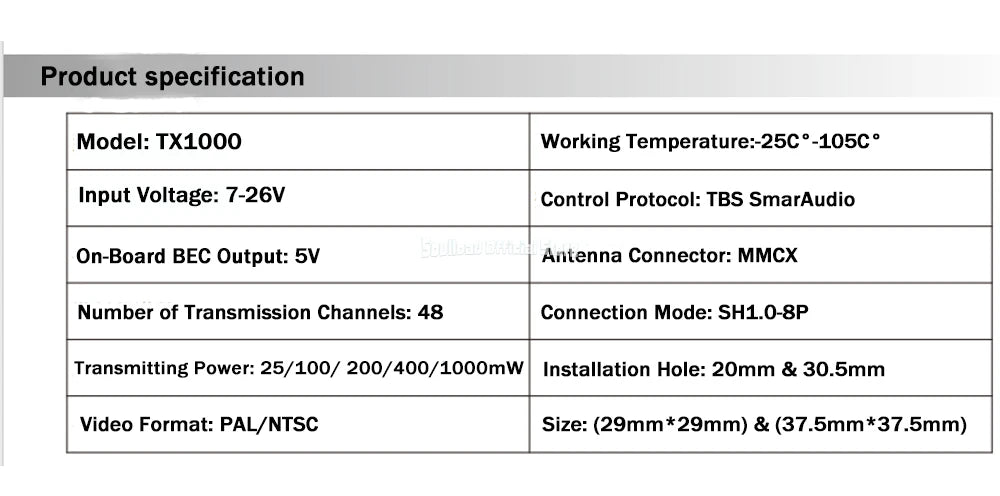 SoloGood 5.8G 1W 48CH VTX - Image Transmission Rush Cherry ntenna Input Voltage 7-26V Transmission Power 25/100/200/400/1000mW 12 SoloGood 5.8G 1W 48CH VTX, TX1OOO Working Temperature:-25C - -105C Input