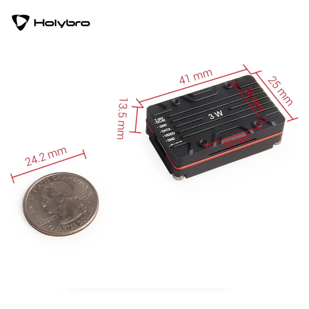 Holybro Atlatl HV 5.8G 3W VTX, Press and hold button for 4 seconds to switch power; includes Atlatl HV, SMA cable, and JST wire.