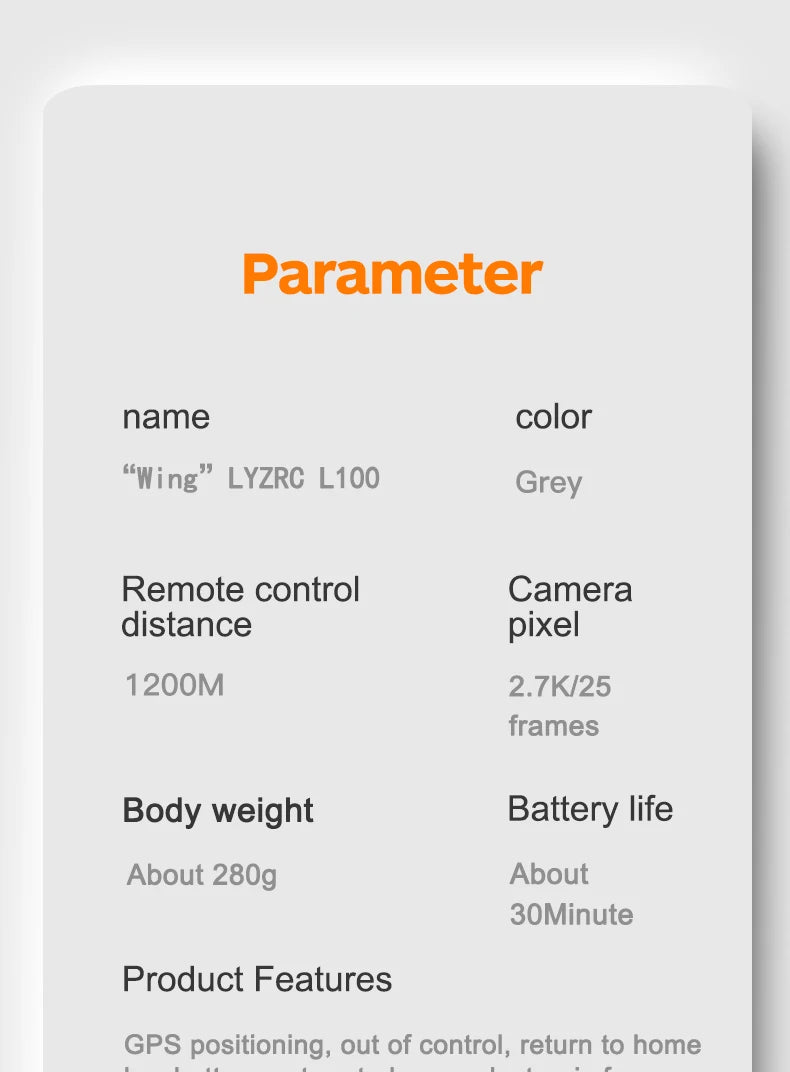 New L100 GPS V-type Drone - Professional Aerial HD Dual Camera EIS 2-Axis Gimbal V-type Double Rotor 30mins Long-Endurance RC Aircraft Professional Camera Drone 32 New L100 GPS V-type Drone, Parameter name color "Wing LYZRC L1OO Grey Remote control Camera distance