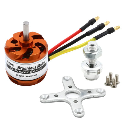 G-Power Series brushless motor, CE RoHS compliant, made in China, includes motor, prop adapter, mounting plate, and screws for RC use.