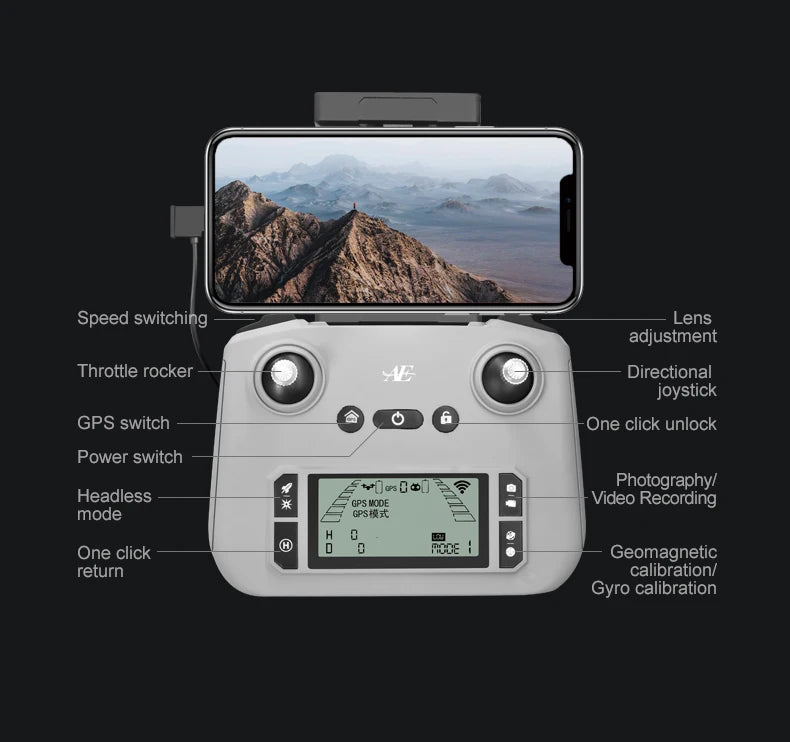 AE86 Pro Max Drone - GPS 4K HD Camera Three Axis Mechanical Pan Tilt Camera Brushless Laser Obstacle Avoidance GPS Drones toys 31 AE86 Pro Max Drone, Speed switching Lens adjustment Throttle rocker Directional joystick GPS switch click unlock Power switch