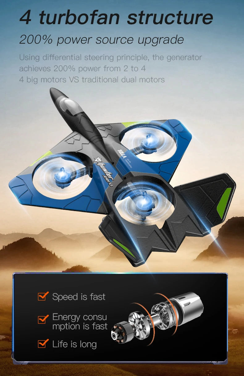 V27 RC Airplane - 2023 New 2.4G Remote Control Fighter Hobby Plane Glider Airplane EPP Foam Toys RC drone Kids Gift 22 V27 RC Airplane, the generator achieves 200% power from 2 to 4 big motors VS traditional dual motor
